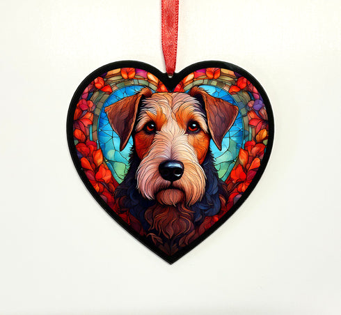 Airedale Terrier Stained Glass Effect Heart Suncatcher